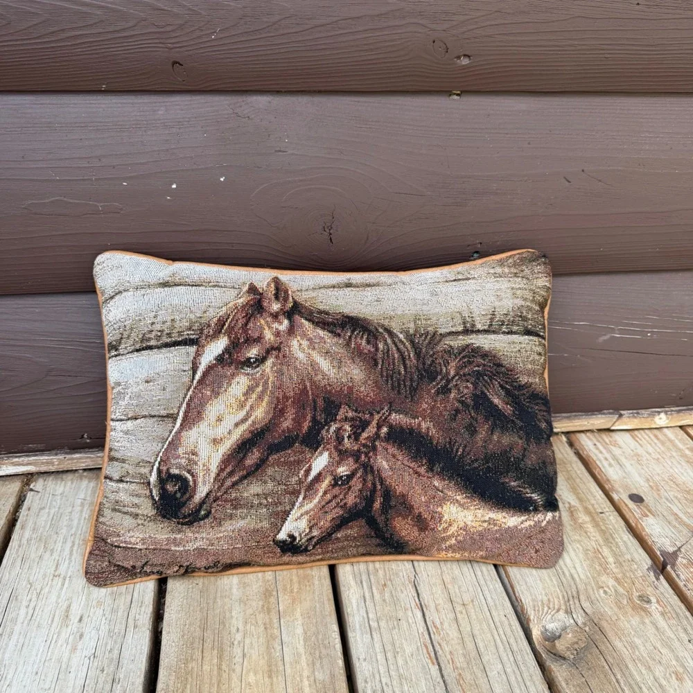 Tapestry Horse Throw Pillow Tan Brown Rustic Woven Equestrian Decor